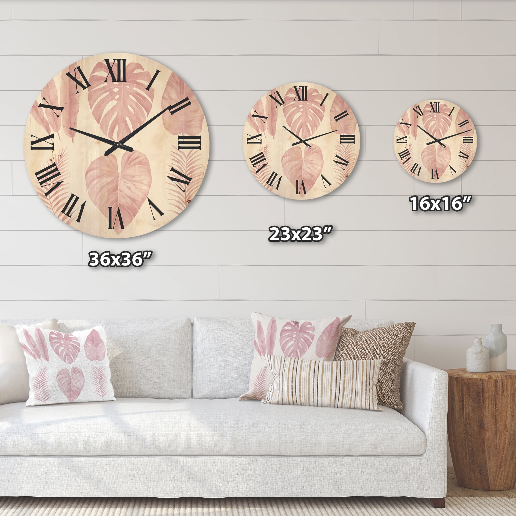 Designart 'Tropical Pink Watercolour Leaves On White I' Shabby Chic Wood Wall Clock