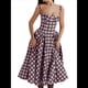 thumbnail image 2 of Vestido Elegante con Corsé para Mujer, Vestido Midi con Tirantes, Escote Bajo, Plisado y Fluido, Vestido de Fiesta con Bustier. Cuadros Rojos Rosas M, 2 of 6