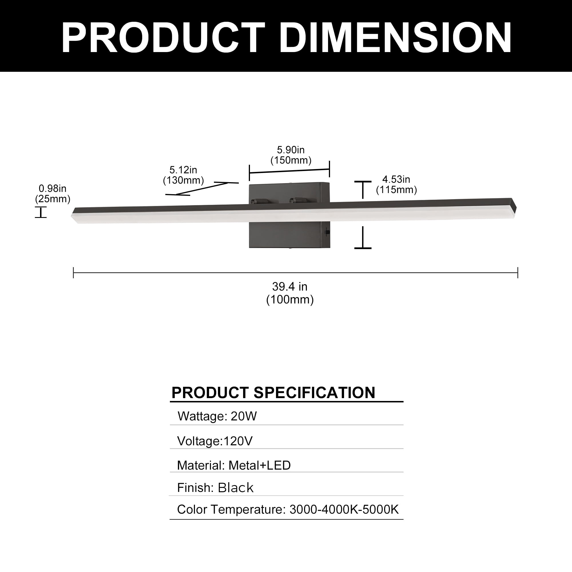 YANSUN 39.4 in LED Dimmable Light Bar, 3CCT Dimmable Super Slim Lighting Fixture for Bathroom & Makeup Vanity