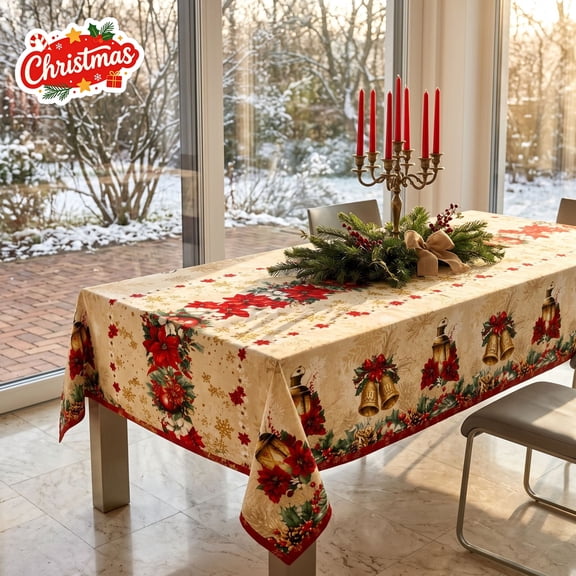 Christmas Tablecloth, Waterproof Wrinkle Resistant Fabric Cover, Dining Table Decorations, Easy to Clean,Family Dinner, Xmas Party and Indoor Seasonal Home Layout,Xmas Gifts for Family Friends