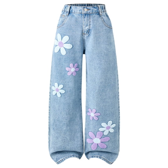 Zanarzt Girls Baggy Jeans Wide Leg Stylish Flower Wide Leg Jeans with Embroidery for Teenage Girls Casual Pants Light Blue,11-12 Years