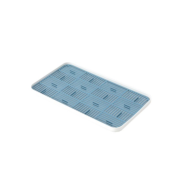 Bewildely Estante de almacenamiento para fregadero, bandeja organizadora de secado y drenaje con agujeros, accesorio de esponja para lavar Organizadores de utensilios de cocina Azul Largo
