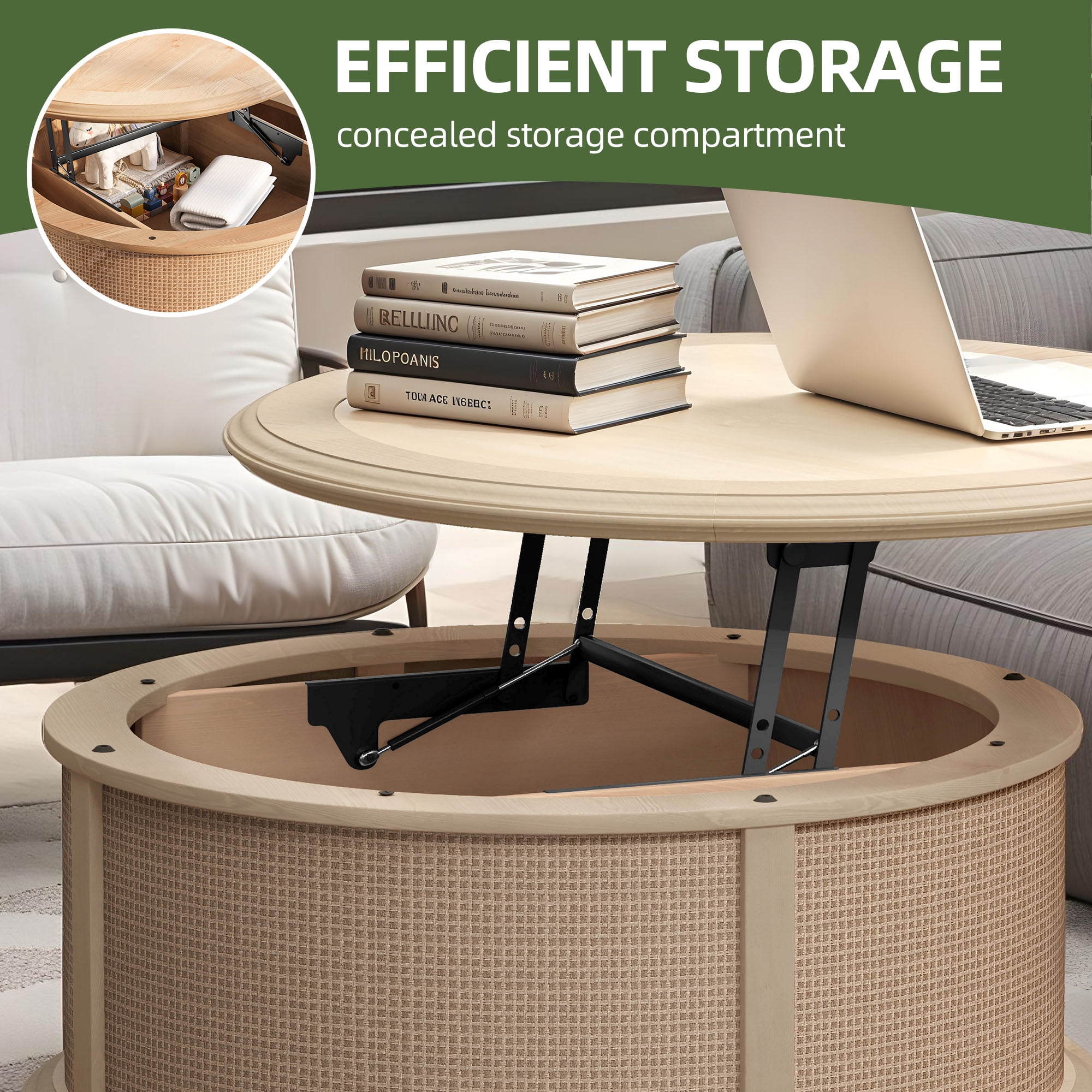 Uforic Round Rattan Drum Coffee Table with Lifting Top