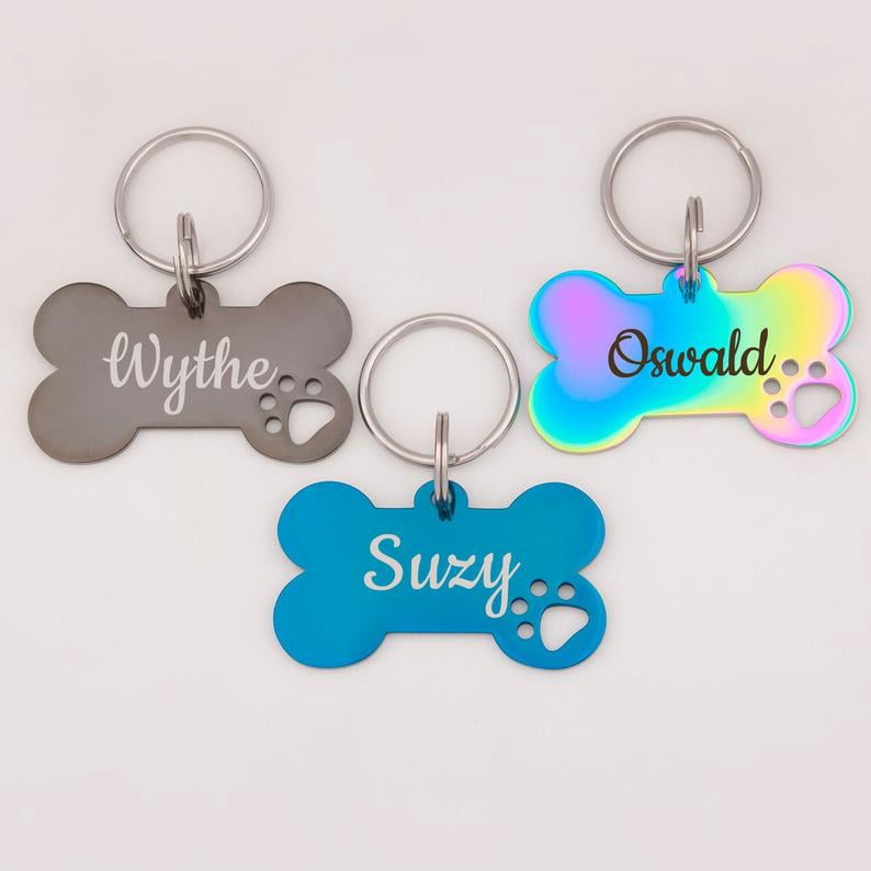 Anavia Stainless Steel Bone Hollow Paw Print Engraved Dog ID Tag, Multi-color, S
