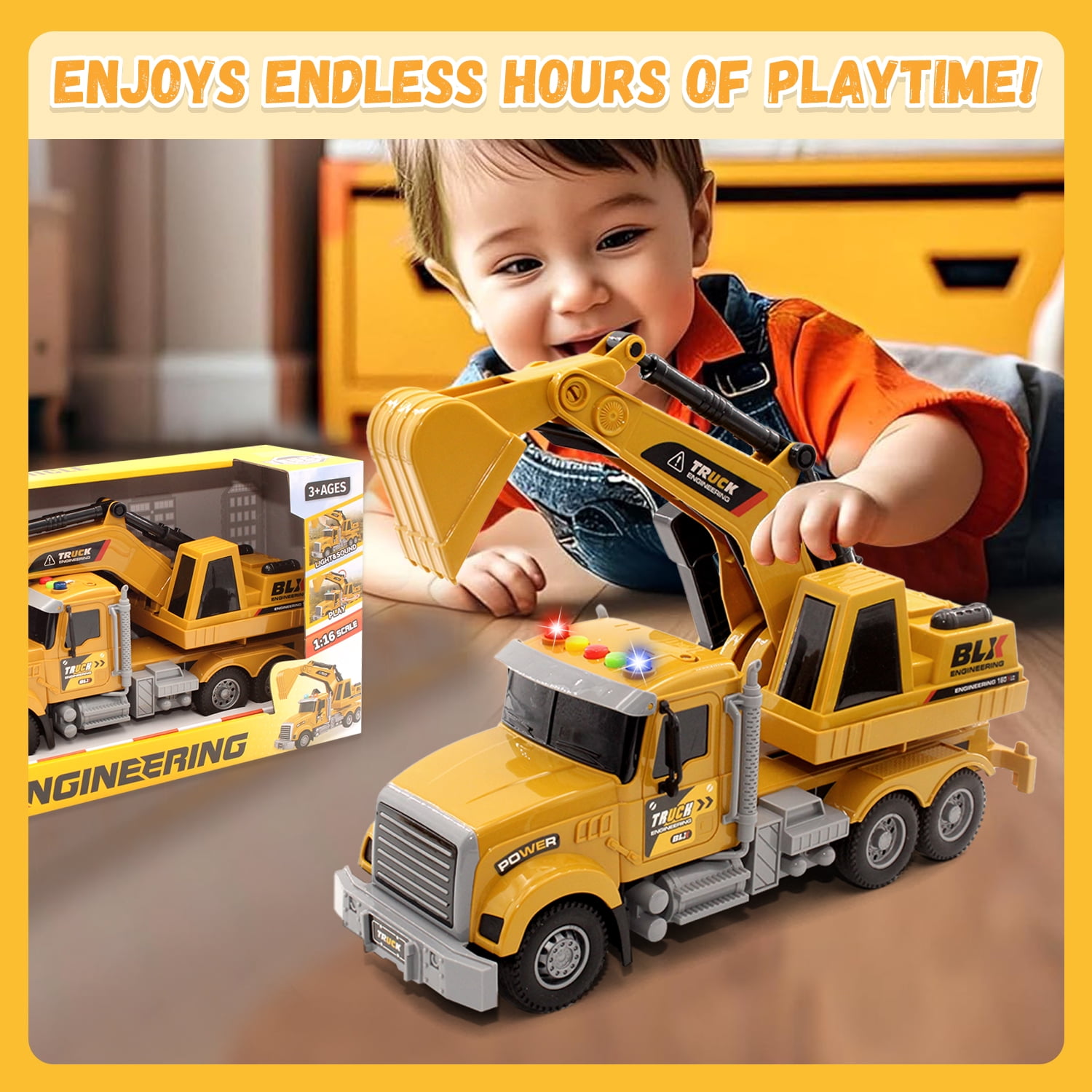 Kids Toys for 3 4 5 6 7 8 Years Old Boys, Excavator Truck Toy with Lights, Sounds, Toddler Friction Powered Truck Vehicle Toy for Boys Christmas Birthday Gifts