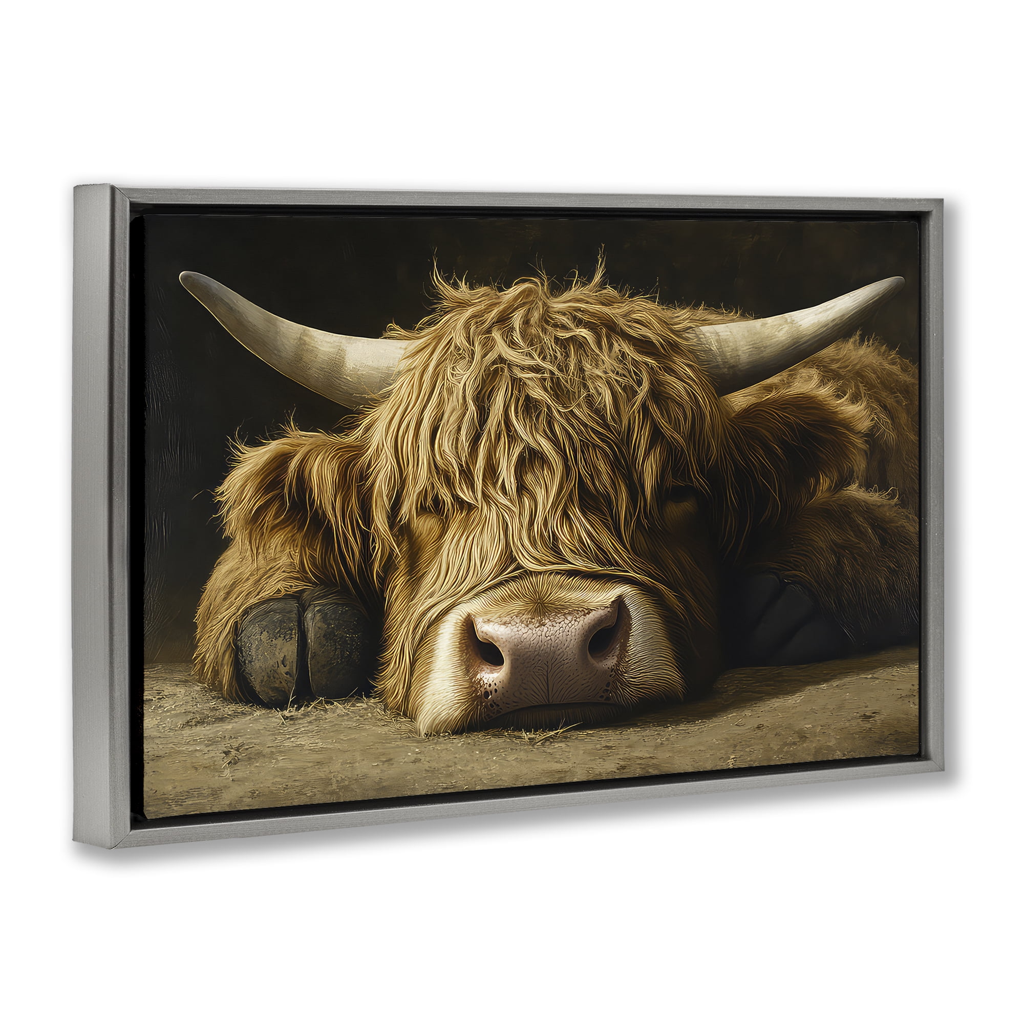Stupell Industries Sleeping Highland Cow & Hoof Gray Framed Floater Canvas Wall Art, design by The Wands Want