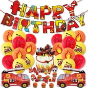 Firefighter Fire Truck Themed Birthday Party Decorations Include Firefighter Happy Birthday Banner, Cupcake Cake Toppers and Balloons for Kids Girl Party Supplies