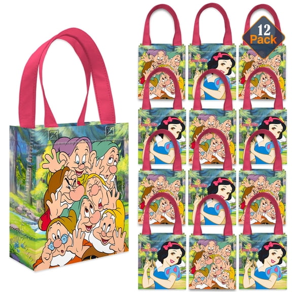 Snow White Party Favor Bags Set – 12 Pack 8" Disney Goodie Bags for Kids Bulk Reusable Mini Totes | Disney Snow White Birthday Party Supplies
