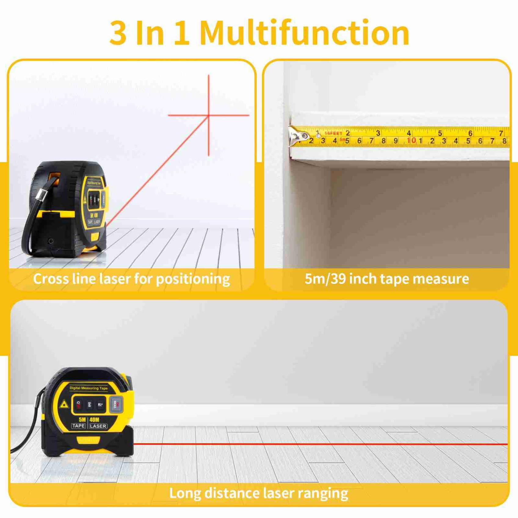 3-In-1 Laser Measuring Tape, Digital Laser Tape Measure with LCD Display, Store 20 Sets of Data, 16-197 Ft Almighty Tools Tape Measure for DIY & Construction