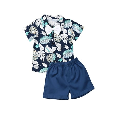 

Baby Kids Boy s Gentle Suit Short Sleeve Cartoon Printed Shirt Top with Short Solid Pants