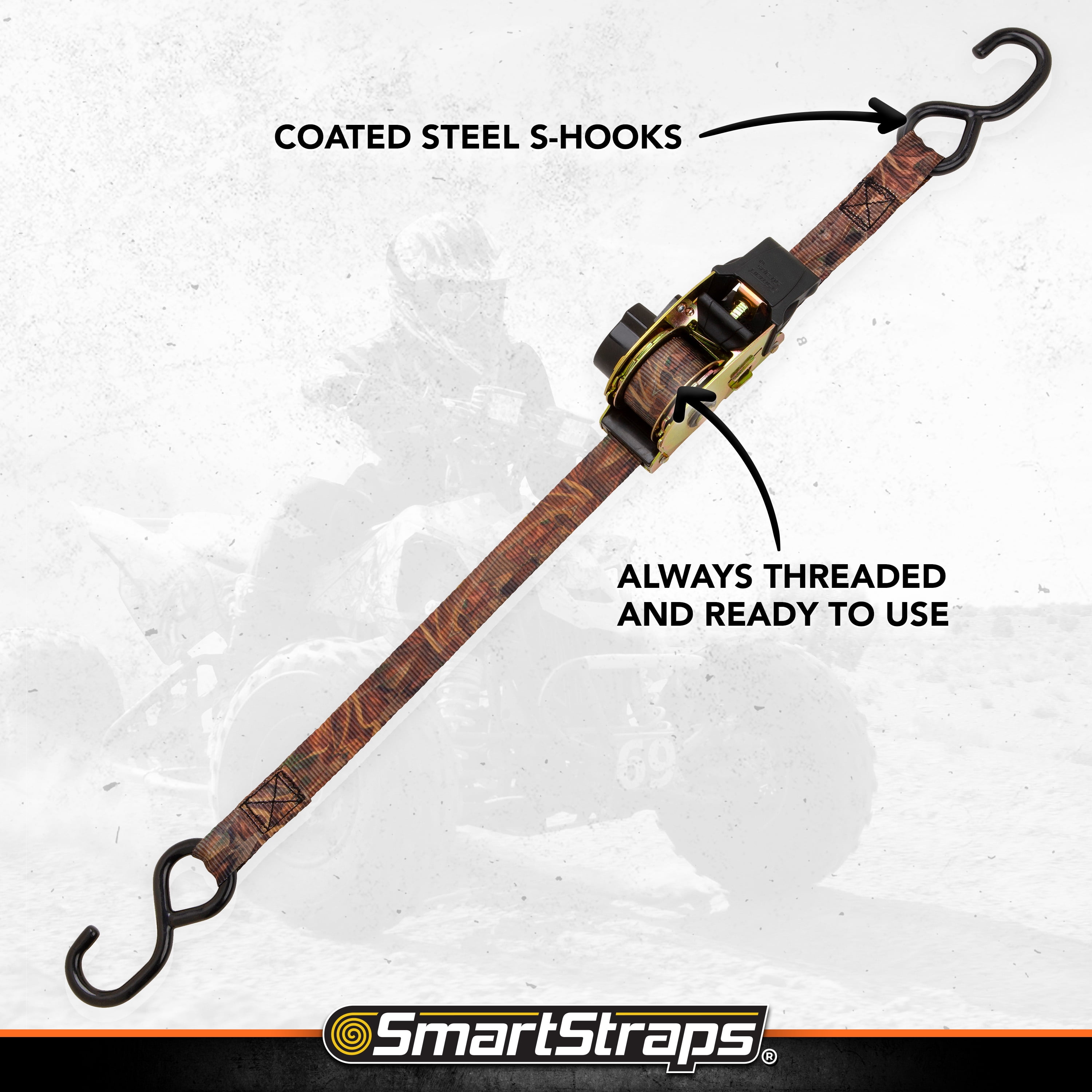 SmartStraps 1.5" x 10ft Retractable Ratchet Tie Down Straps, Camo, 2 Pack - 1,000lb SWL