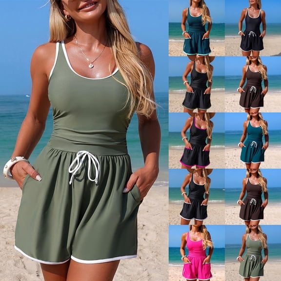 BiZtdJrK Swim Romper for Women Drawstring Stretch Sleeveless One Piece Swimsuits Comfy Solid Beach Summer Bathing Suits with Pockets Black M