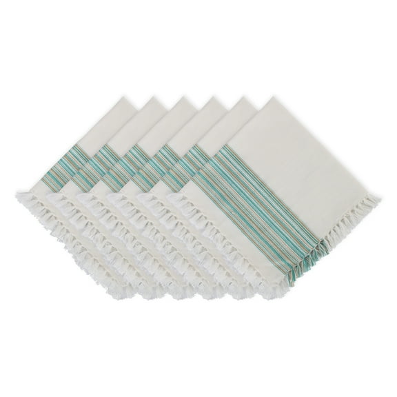 DII 6-piece Modern Cotton Fringed Stripe Tabletoppers in Teal and White