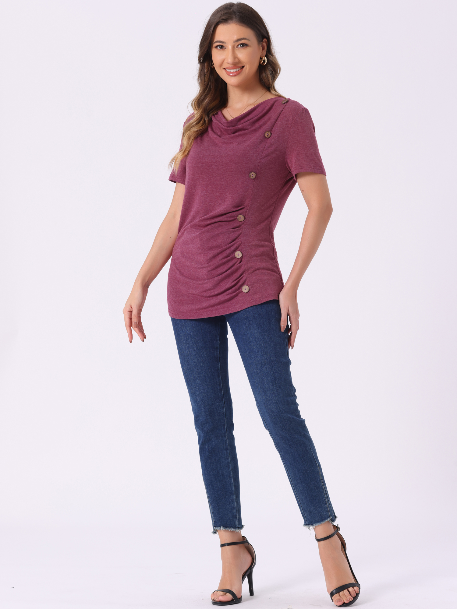 DARING DIVA Women's Cowl Neck Ruched Short Sleeve Tops with Button Decor M Burgundy