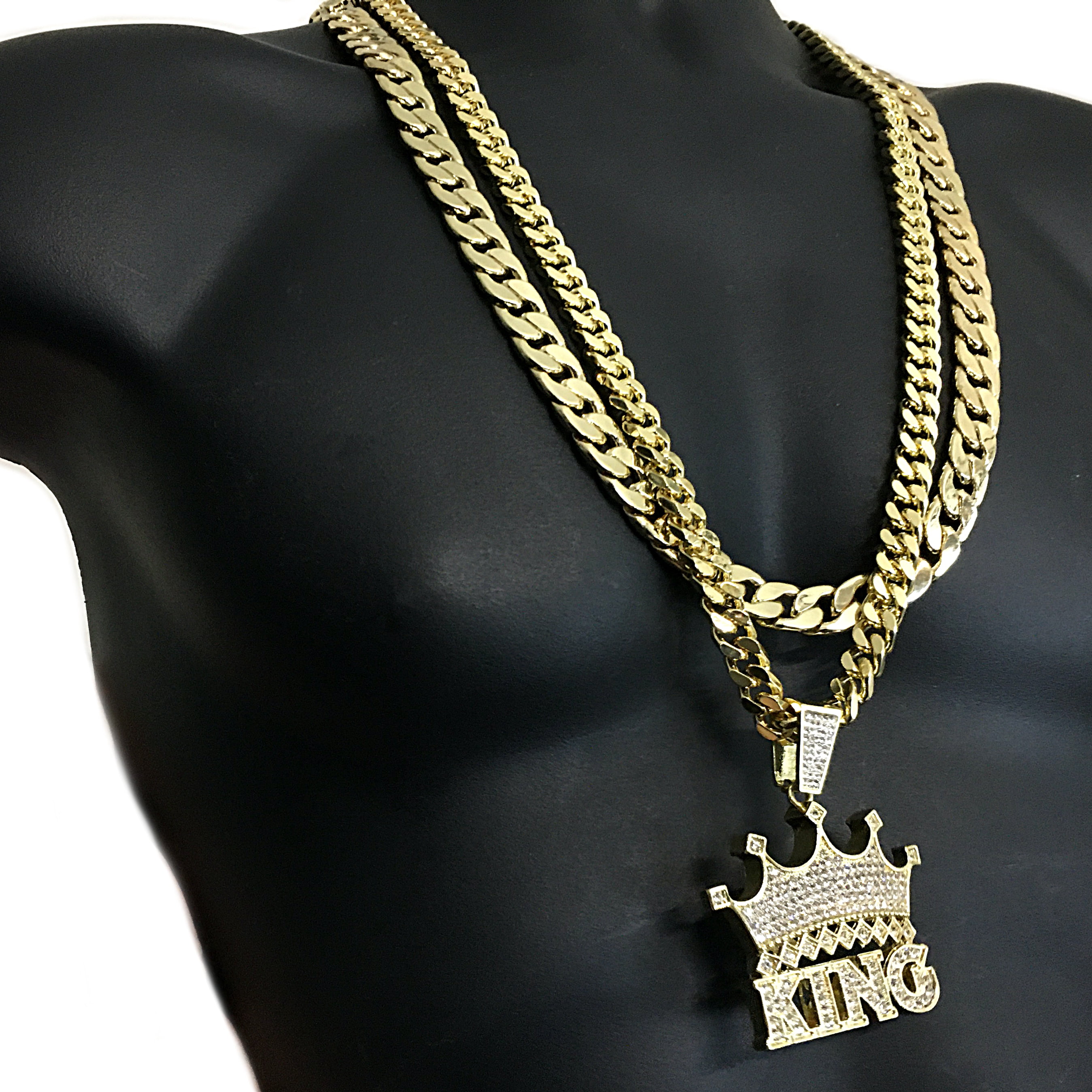 Men's Crown King Hip Hop Iced Pendant Gold Finish Two Cuban Chains Set 30