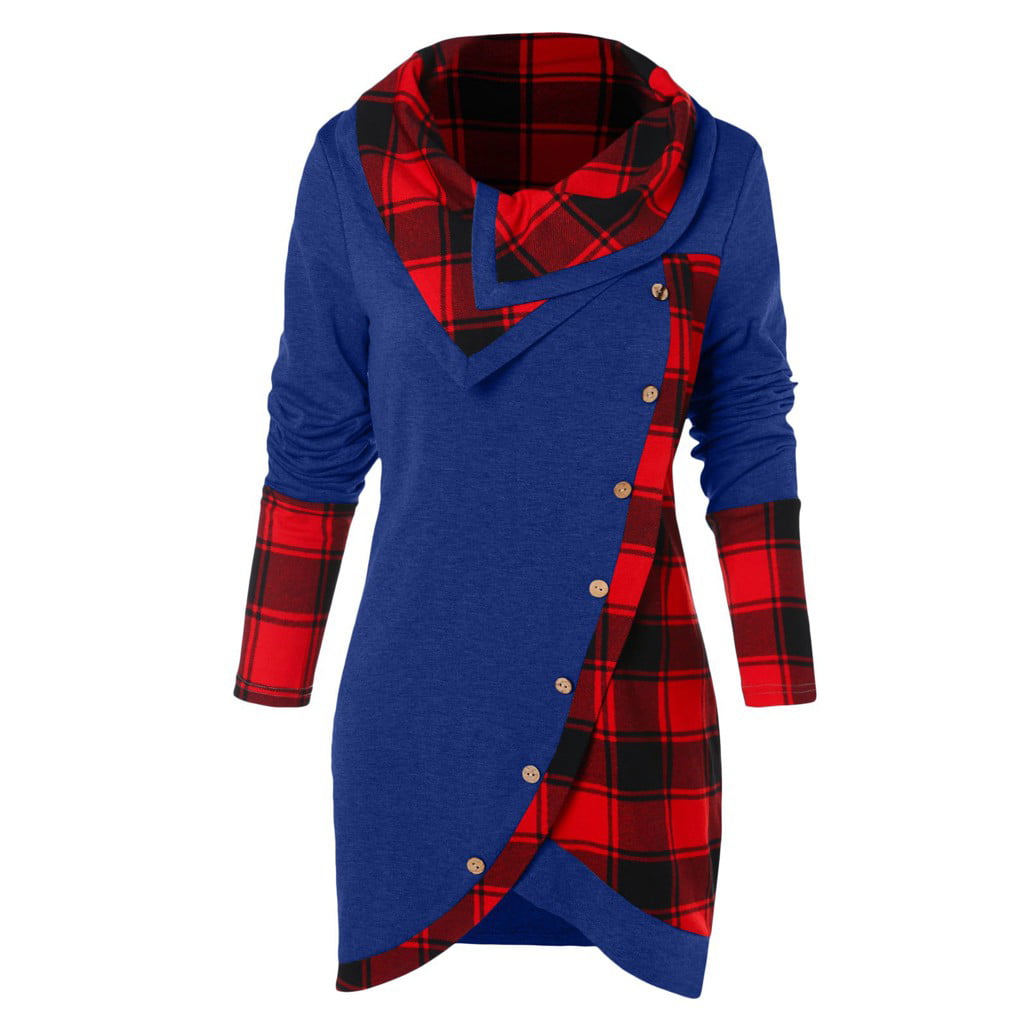 RUIVE Women’s Plaid Print Blouse Turtleneck/Hooded Button Asymmetric Tops Casual Long Tartan Tunic Sweatshirt 
