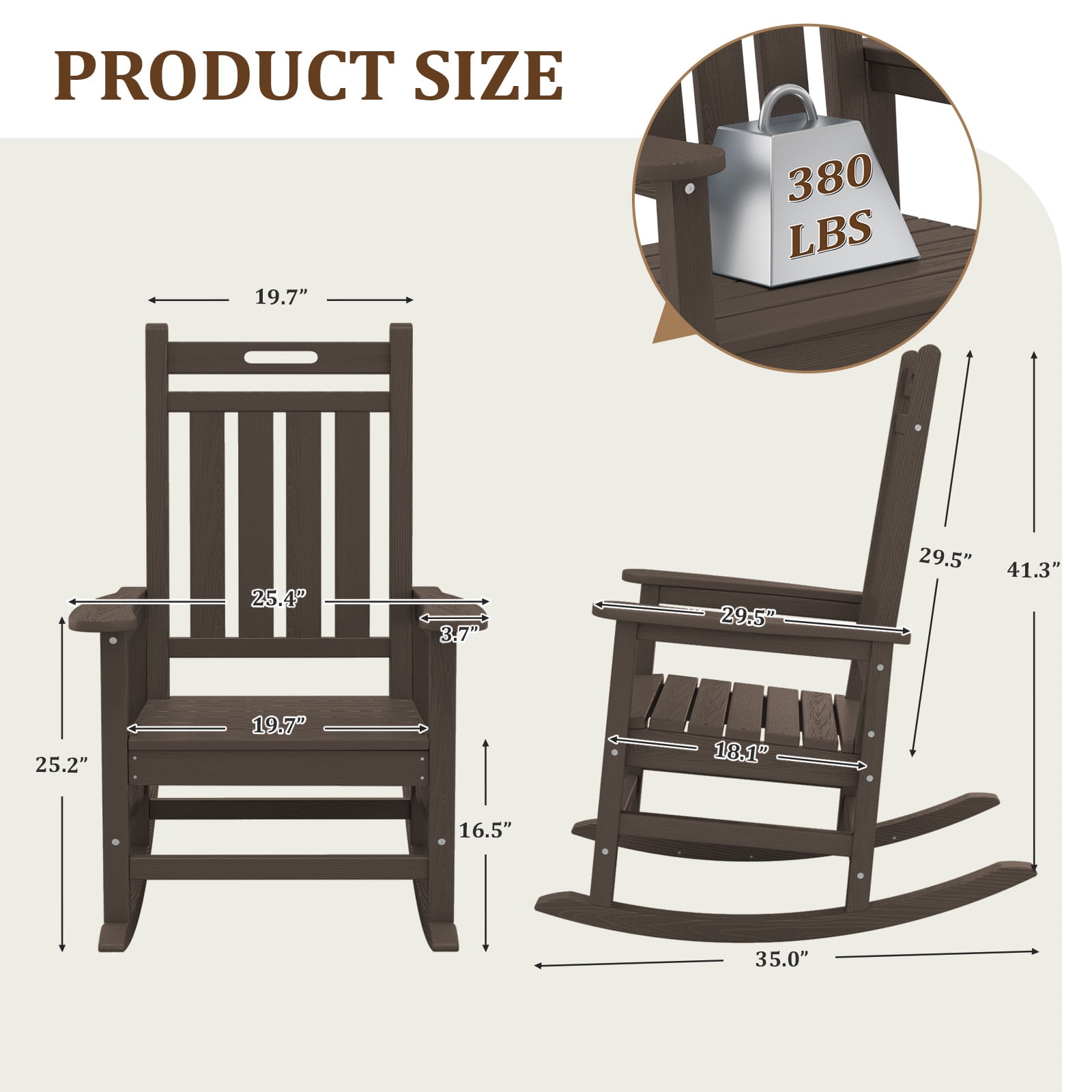 LOYALICE HDPE Outdoor Rocking Chair for Porch Patio, All-Weather High Back Rocker with Wood-Grain Texture, Heavy-Duty Deck Garden Seating, Fade-Resistant & Easy to Clean,Coffee