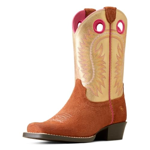 ARIAT UNISEX-CHILD DERBY MONROE WESTERN BOOT YOUTH 4-TERRACOTTA ROUGHOUT/GOLD