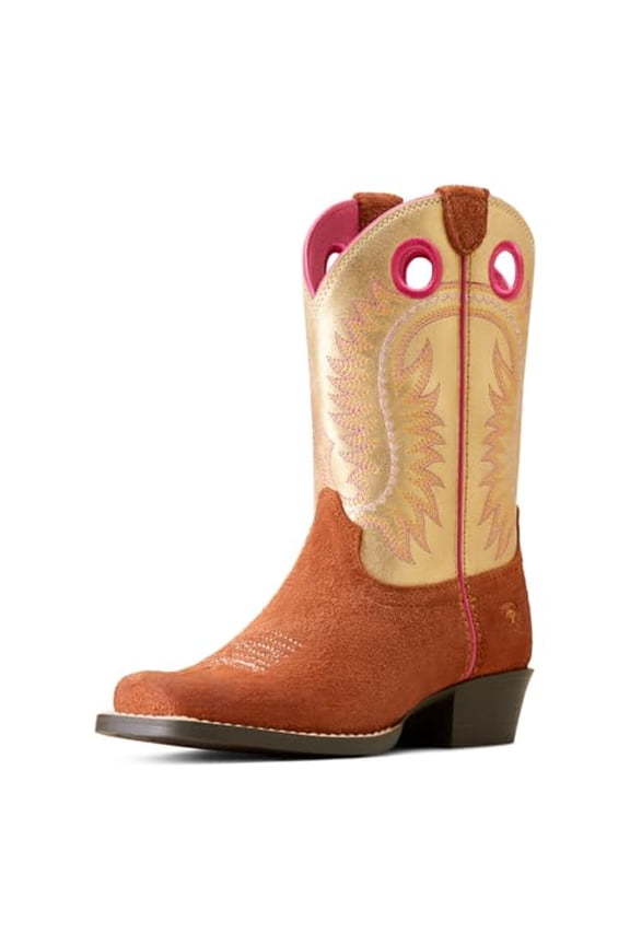 UNISEX-CHILD DERBY MONROE WESTERN BOOT YOUTH 4-TERRACOTTA ROUGHOUT/GOLD