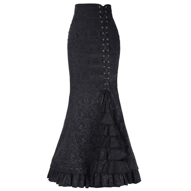 Falda larga vintage con cola de pez para mujer - Diseño retro ajustado con volantes, material de poliéster, talla única S