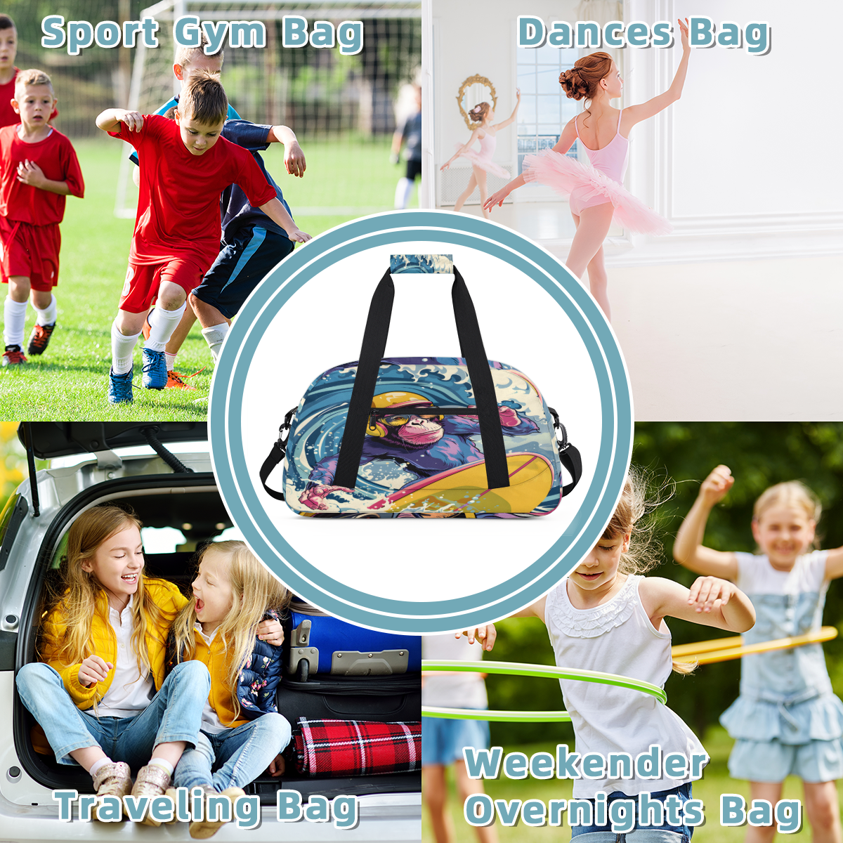 Herdesigns Monkey Sports Duffle Bag for Women & Men, Funny Gym Bag Dance Bag Overnight Bag Carry On Weekender Travel Bag