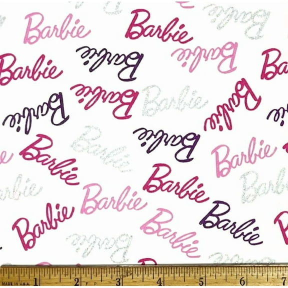 1 Yard - Barbie Doll Script Pink Purple & Silver Glitter on White Cotton Fabric (Great for Quilting, Sewing, Craft Projects, Throw Pillows & More) 1 Yard X 44" Wide