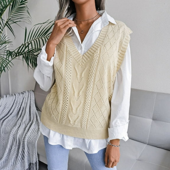 Women Autumn And Winter Casual Solid Color V Neck Knit Sweater Vest Knitted Sleeveless Checked Knitwear Tanks Sweaters Knit Vest for Women Womens Sweater Vests V Neck Sleeveless Vest with Neck Dark