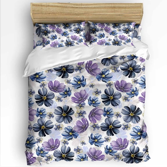 Pastoral Flowers Twin Size Comforter Set, Watercolor Purple Flower Idyllic Plant Soft Bedding for All Seasons, 4 Pcs Bed Set with 1 Comforter (68"x86") ,1Sheet(66"x116"), 2 Pillowcases (19"x29")