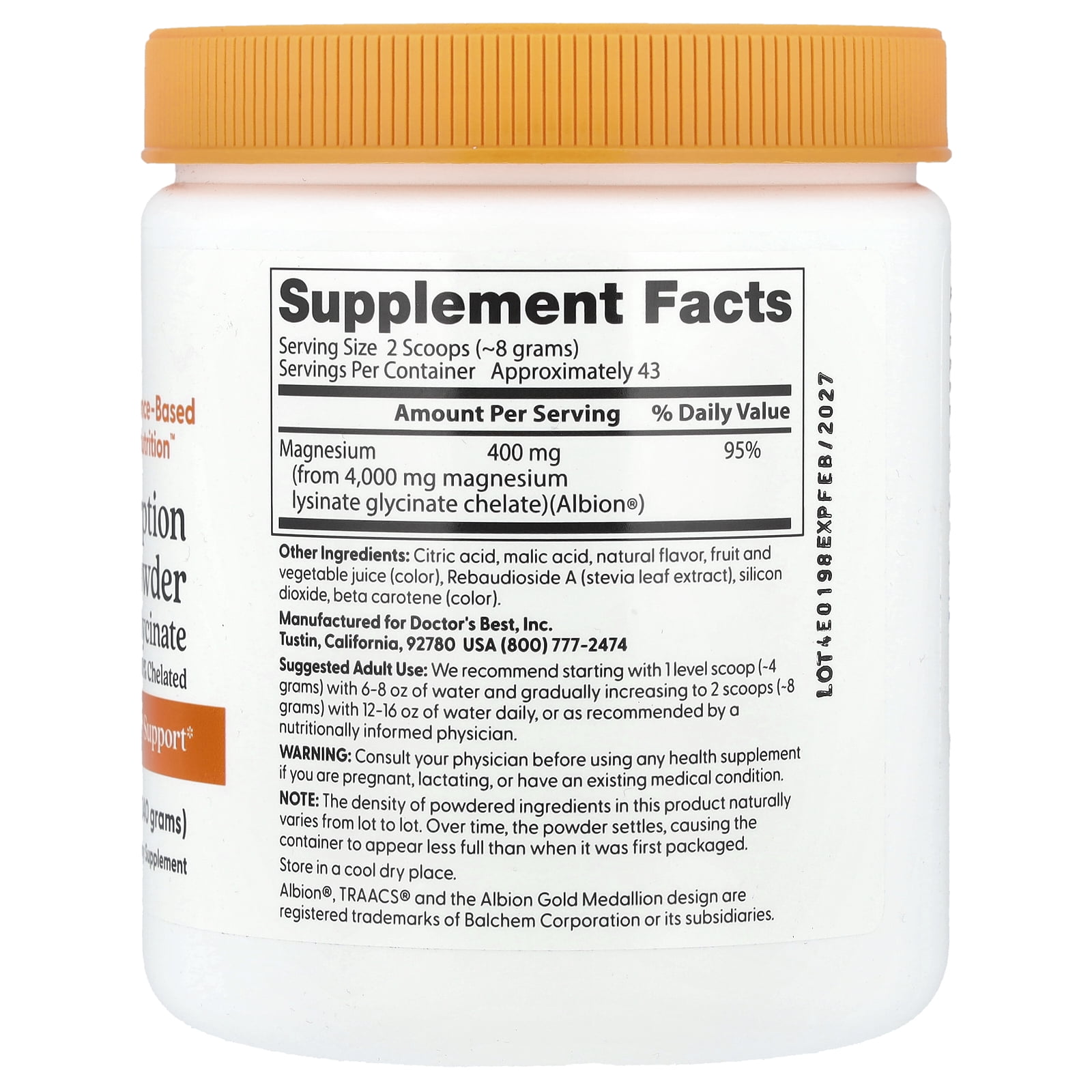 Doctors Best High Absorption Magnesium Powder Lysinate Glycinate - 400 mg - Fruit Punch 12.1 oz (340 Grams) Powder