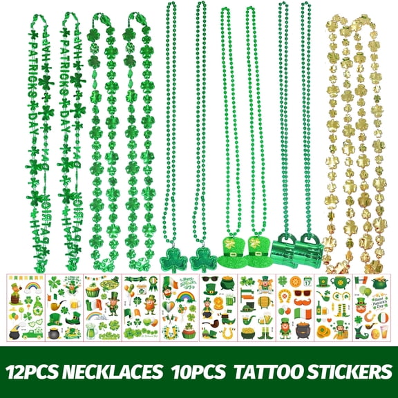 12 PCS St. Patrick's Day Necklaces Green Shamrock Clover & Beer Mugs Beaded Necklaces Tattoo Stickers Set Saint Patrick Day Necklaces Party Favor Supplies Decorations Clover Shamrock Accessories
