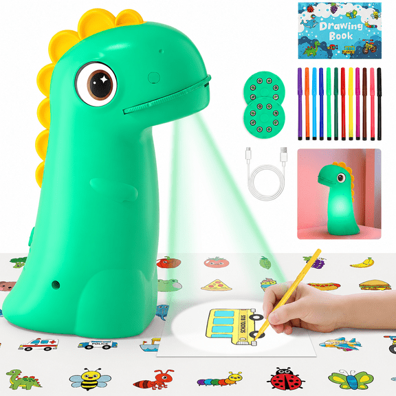 LC-dolida Drawing Projector for Kids, Rechargeable Dinosaur Projector for Kids, Easy Tracing Toy for Ages 3-14 to Learn Drawing, Perfect Art & Craft Gift for Girls & Boys (Green)