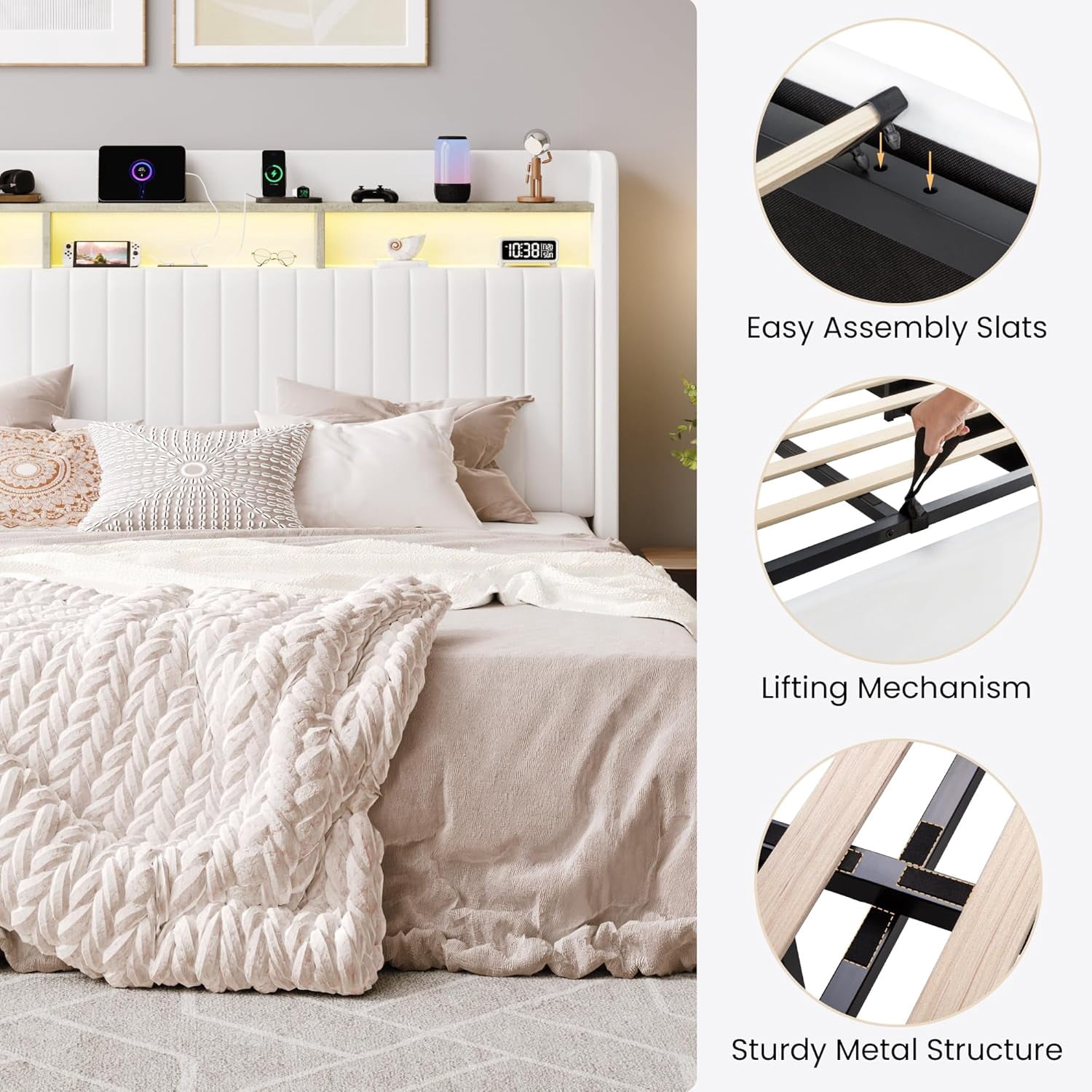 SHA CERLIN King Size Lift Up Storage Bed Frame, LED Lights, Charging Station, 2-Tier Shelves Headboard, USB Type-C Ports, Velvet Upholstered, Hydraulic Support, Noise Free, White