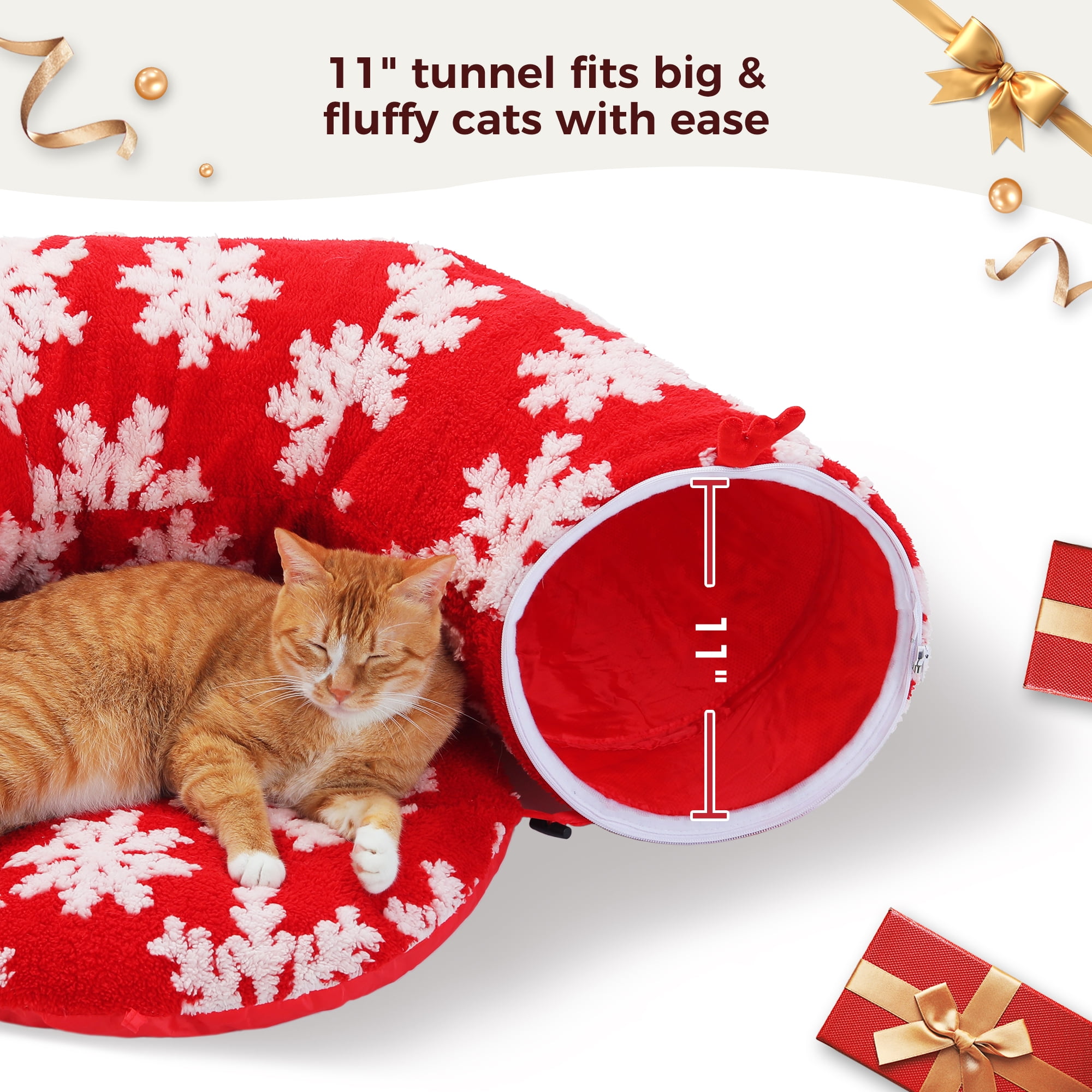 PAWZ Road 34" Cat Tunnel Christmas Cat Tunnel Bed with Soft Mat, Cat Toys for Indoor Cats, Red