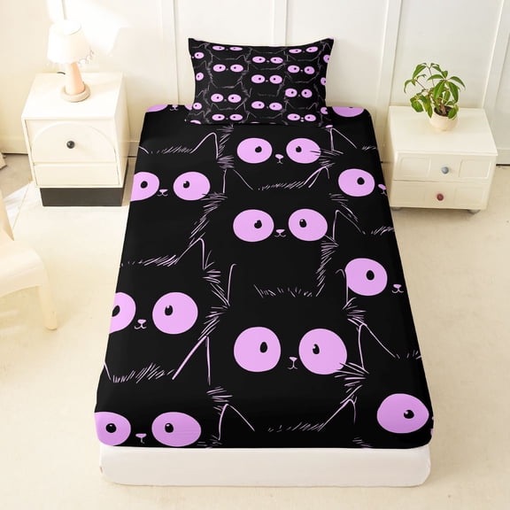 Manfei Cartoon Cat Twin Fitted Sheet, Kawaii Abstract Kitten Bedding, Black Orchid, 2pcs, 1 Fitted Sheet and 1 Pillowcase