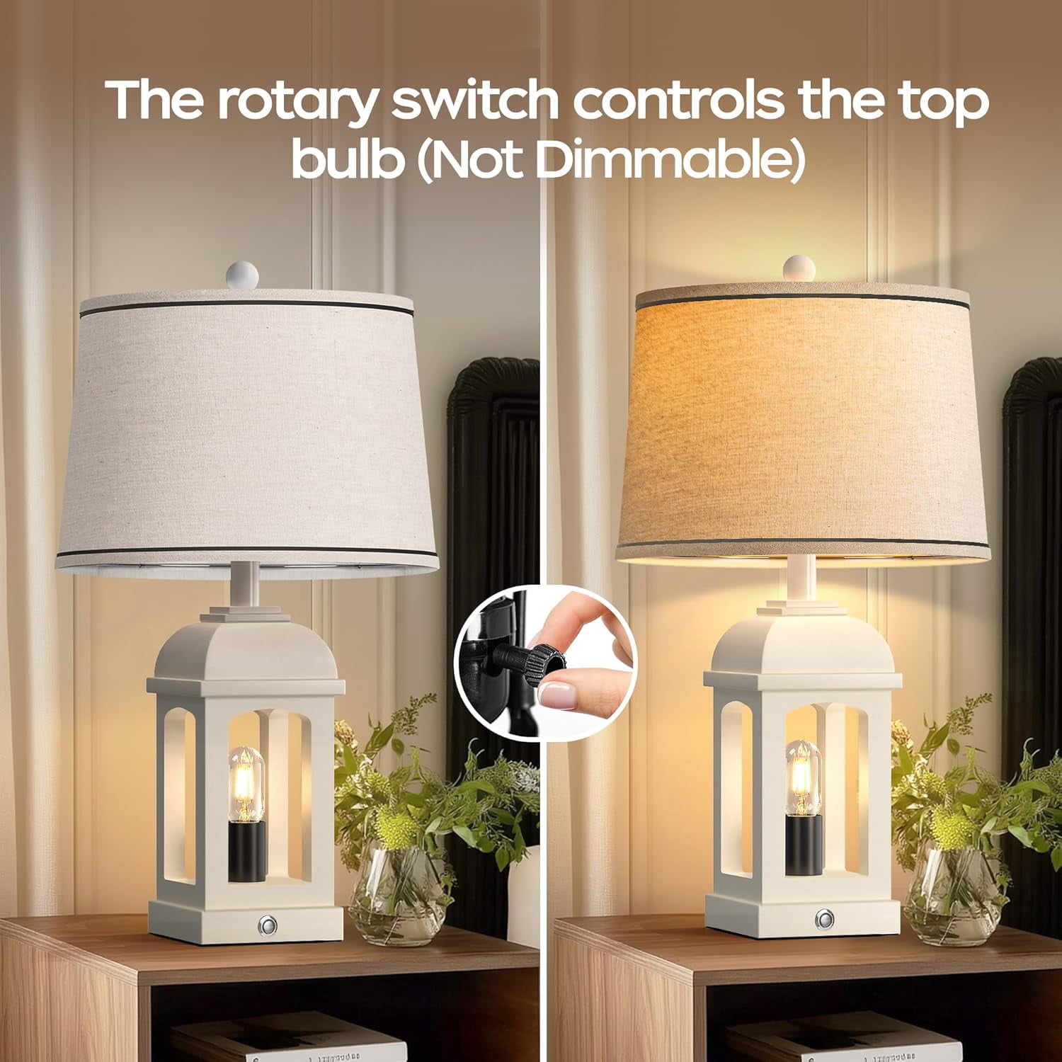 Table Lamp for Living Room, Farmhouse Lamps Set of 2 with USB A+C and Nightlight, 26" Rustic Bedside Lamps with 3-Way Dimmable, Touch Nightstand Lamp for Bedroom, White