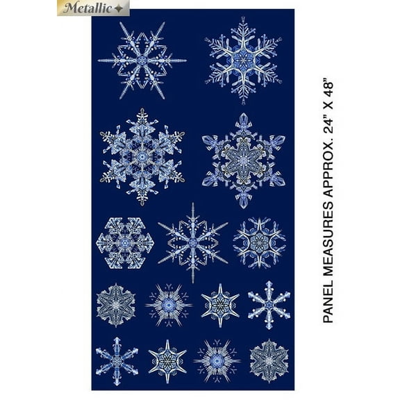 24" X 44" Panel Winter Snowflakes Ice Crystals Blue Cotton Fabric Panel (6891M-55)