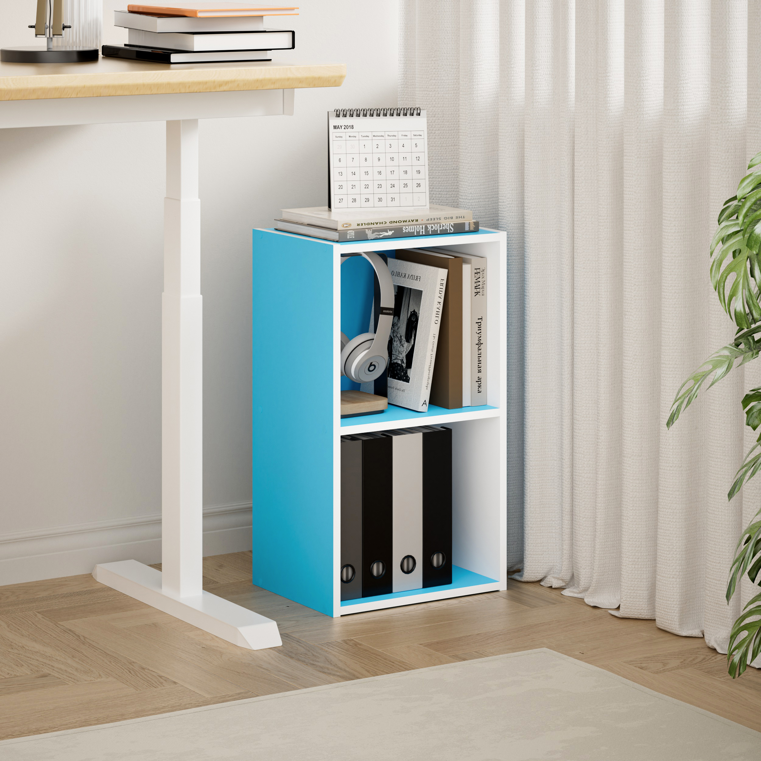 HOMLUX 9" x 12" x 21" Storage Shelf 2 Tier Cube Bookcase, Suitable for Small Space, White & Blue