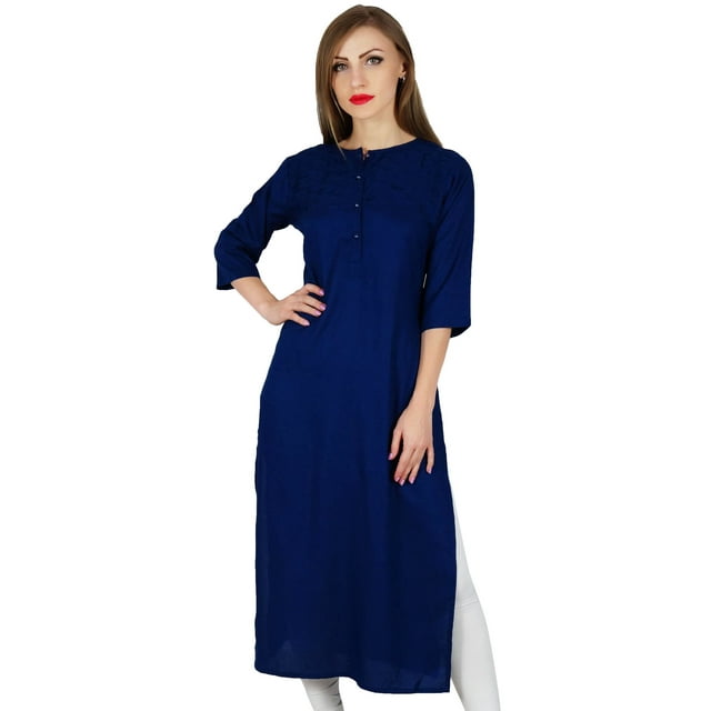 Bimba Kurta Kurti en Rayonne Bleu Uni pour Femmes Manches 3/4 Tunique Décontractée Formelle