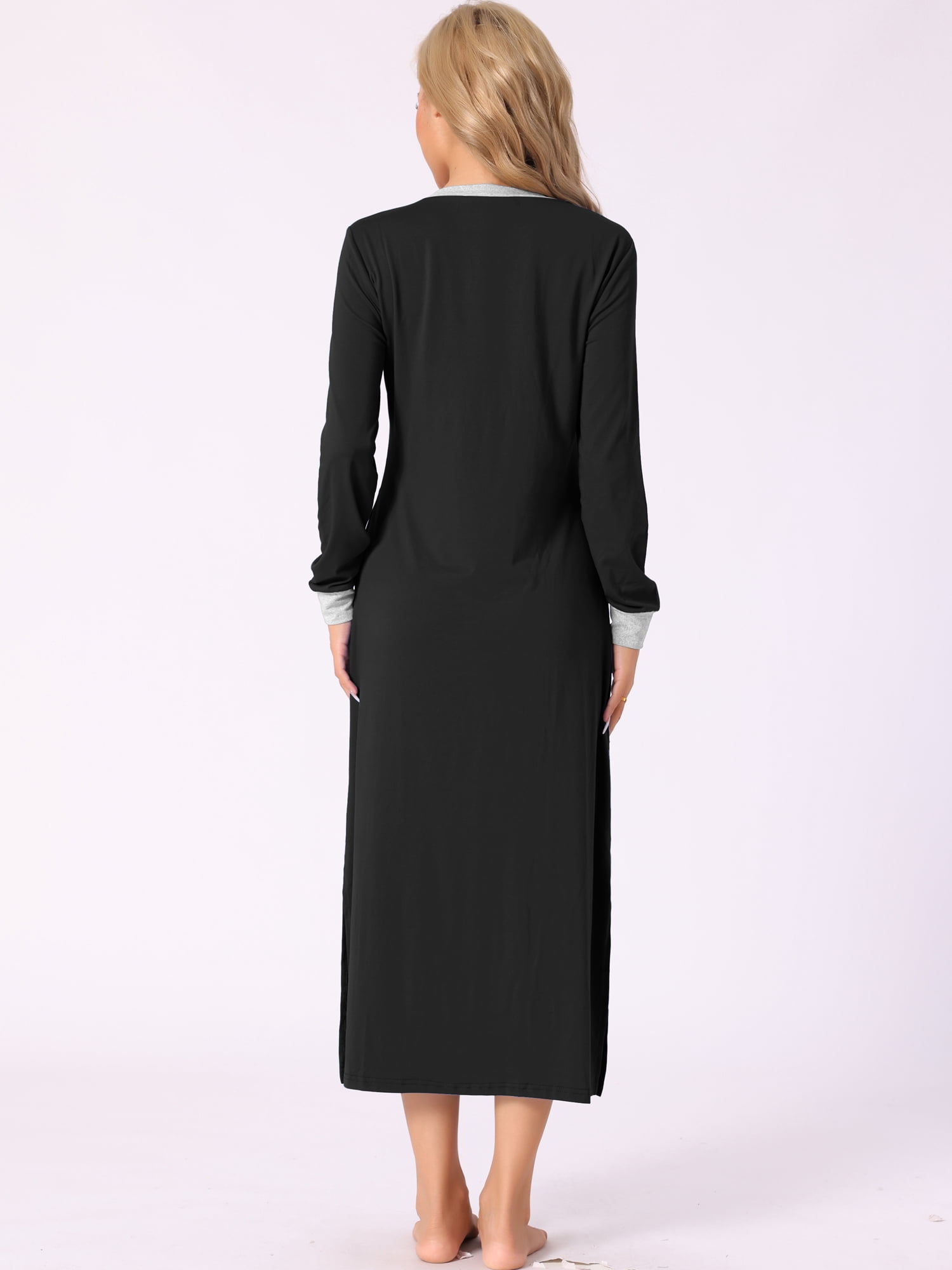 DARING DIVA Women's V Neck Cozy Long Sleeve Nightgown with Pockets XS Black