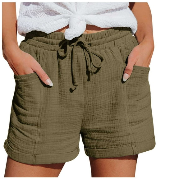 Womens Summer Shorts Casual Trendy Folded Hem Short Pants Elastic Waist Drawstring Cargo Shorts with Pockets