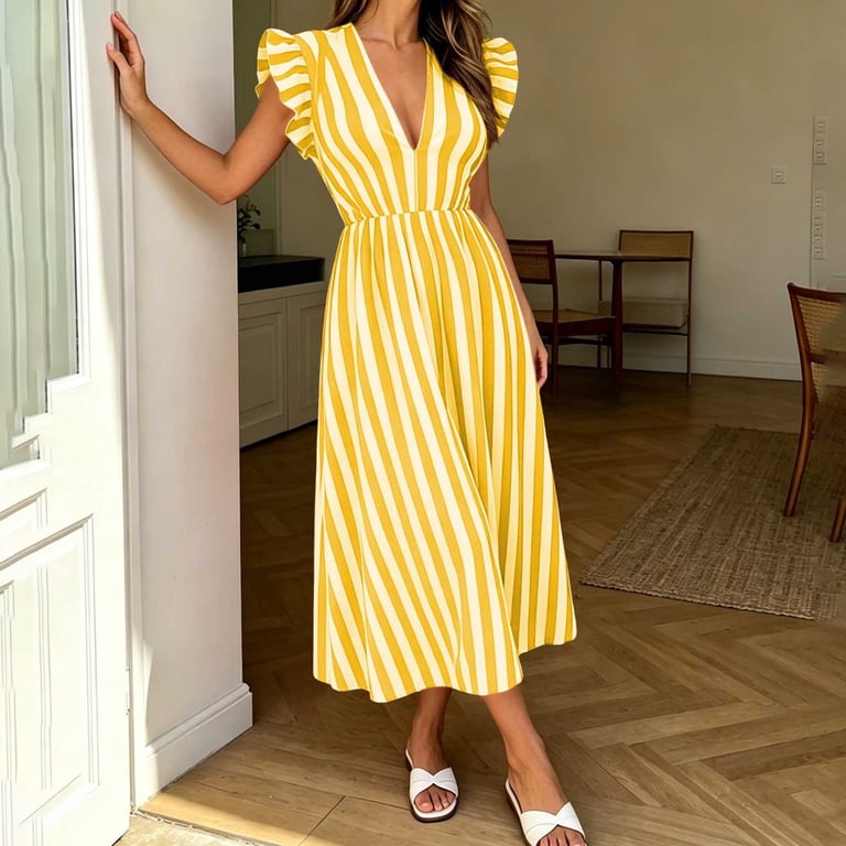 Dresses for Women V-Neck Striped Ruffle Sleeve A-Line Midi Dress Flowy Casual Work Party Summer Dress Yellow S