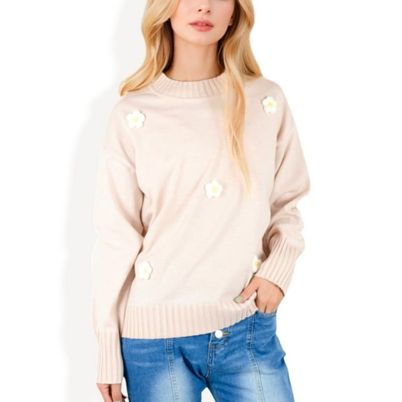 Women's Knit Pullover Sweater with Embroidered 3D Floral Appliques - Large, Light Beige