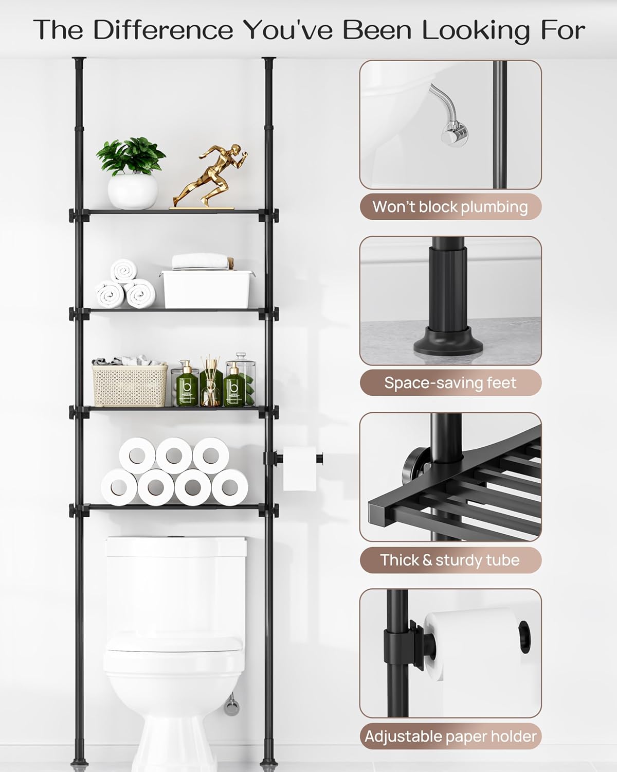 Adjustable Over The Toilet Storage Shelf, 4-Tier Ample Over Toilet Bathroom Organizer and Storage,Tension Mounted Above Toilet Storage Cabinet for Versatility, Fits 64-113 Inch Heights, White