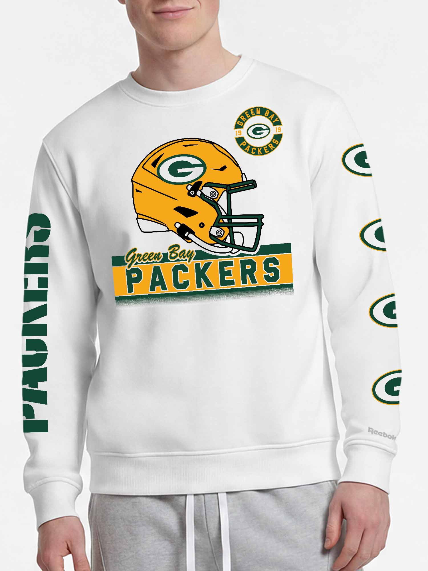 Green Bay Packers Reebok Mens White Crew Sweatshirt