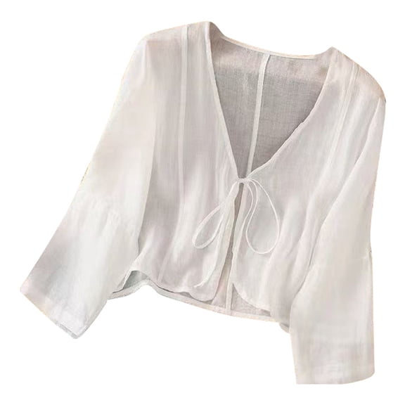Trendfront Womens V Neck Blouses 3/4 Bell Sleeve Tie Front Cropped Cardigan Tops Casual Lightweight Vacation Beach Cover Up Shirts