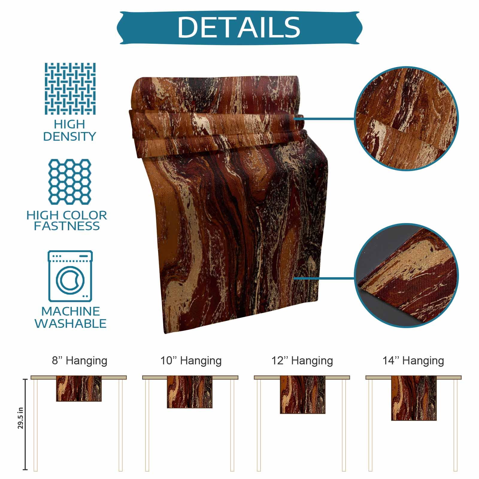 Brown Marble Table Runner, Ombre Abstract Striped Mottled Aesthetic Washable Cotton Linen Table Runners 90 Inches Long, Dresser Scarf Runner for Dining/Coffee/Kitchen/Hallway Tables 13''x90''