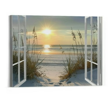 BCIIG Beach  Wall Art Canvas :  20"x16" Coastal Window Artwork Sunrise Picture Seascape  Ocean Print for Bedroom Decor 20x16in
