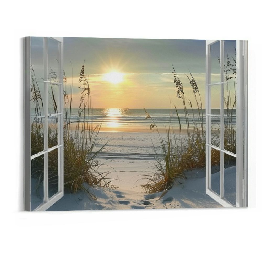 BCIIG Beach Wall Art Canvas : 20"x16" Coastal Window Artwork Sunrise Picture Seascape Ocean Print for Bedroom Decor 20x16in