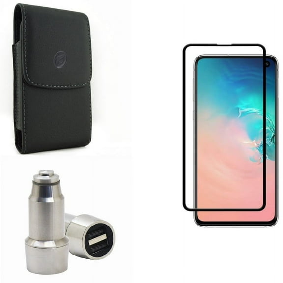 Galaxy S10e Screen Protector w Case Belt Clip w Car Charger - Tempered Glass 5D Curved Edge, Leather Holster Cover, 3.1A 2-Port USB Power for Samsung Galaxy S10e Phone