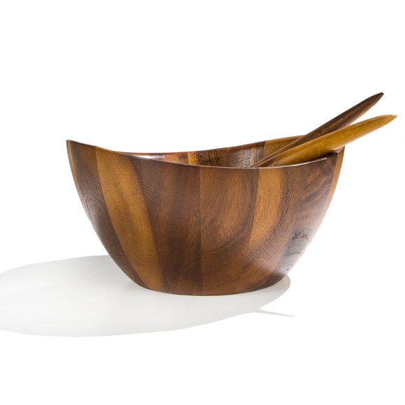 nambe Gourmet Harmony 3 Piece Wooden Salad Bowl Set | Big 12-Inch Salad Bowl with Serving Utensils | Acacia Wood Salad Tosser and Fruit Bowl | Housew